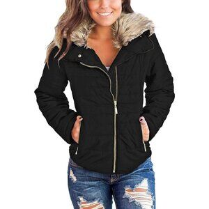 Women Casual Faux Fur Lapel Zip Pockets Quilted Parka Jacket Puffer Coat